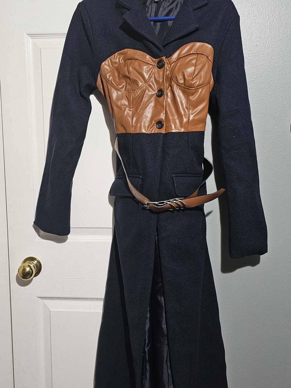 Women's Navy Long Trench Coat with Tan Faux-Leather Bustier